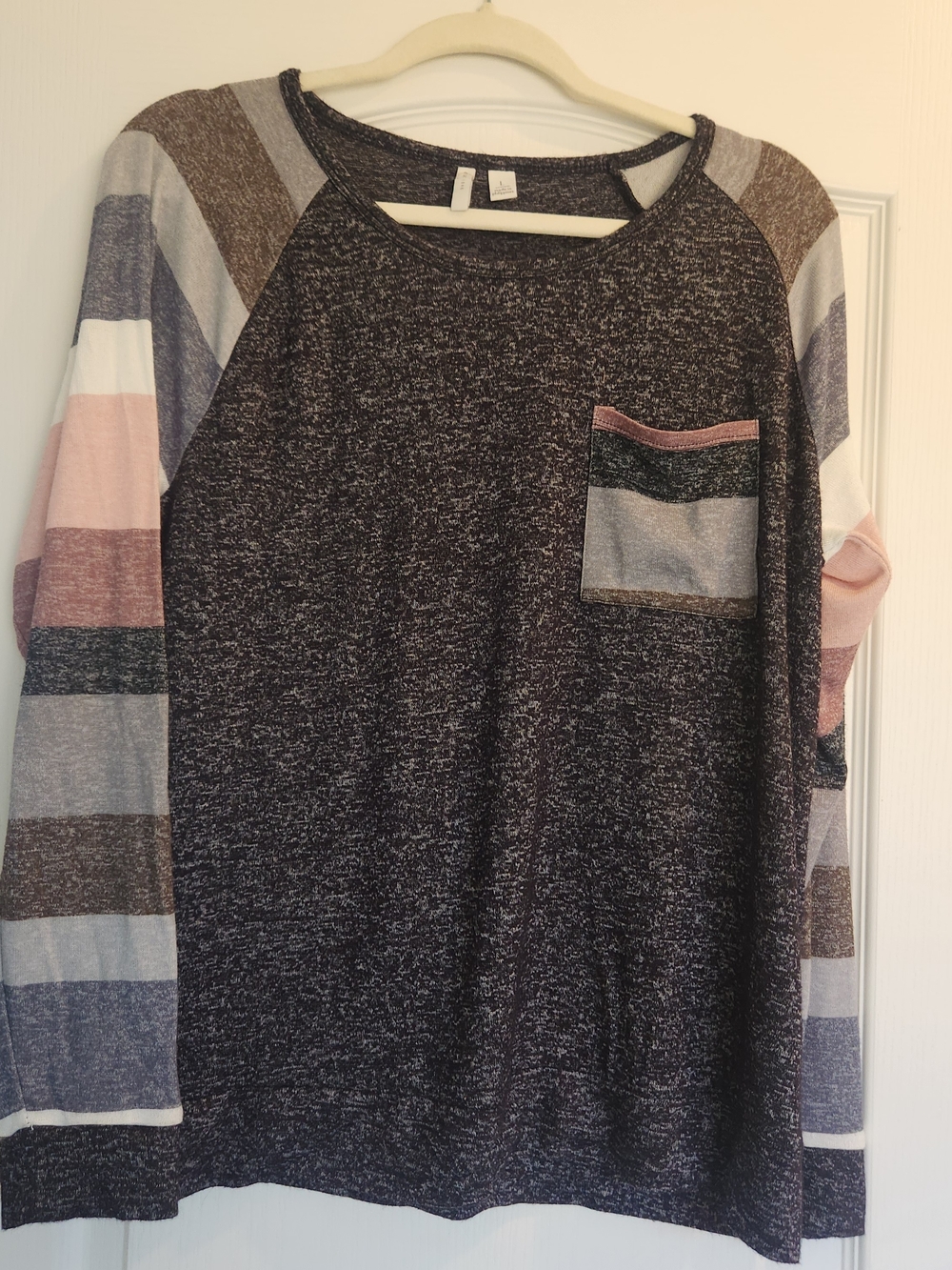 Cato Marled Black & Pink Striped Raglan Pocket Top L Euc